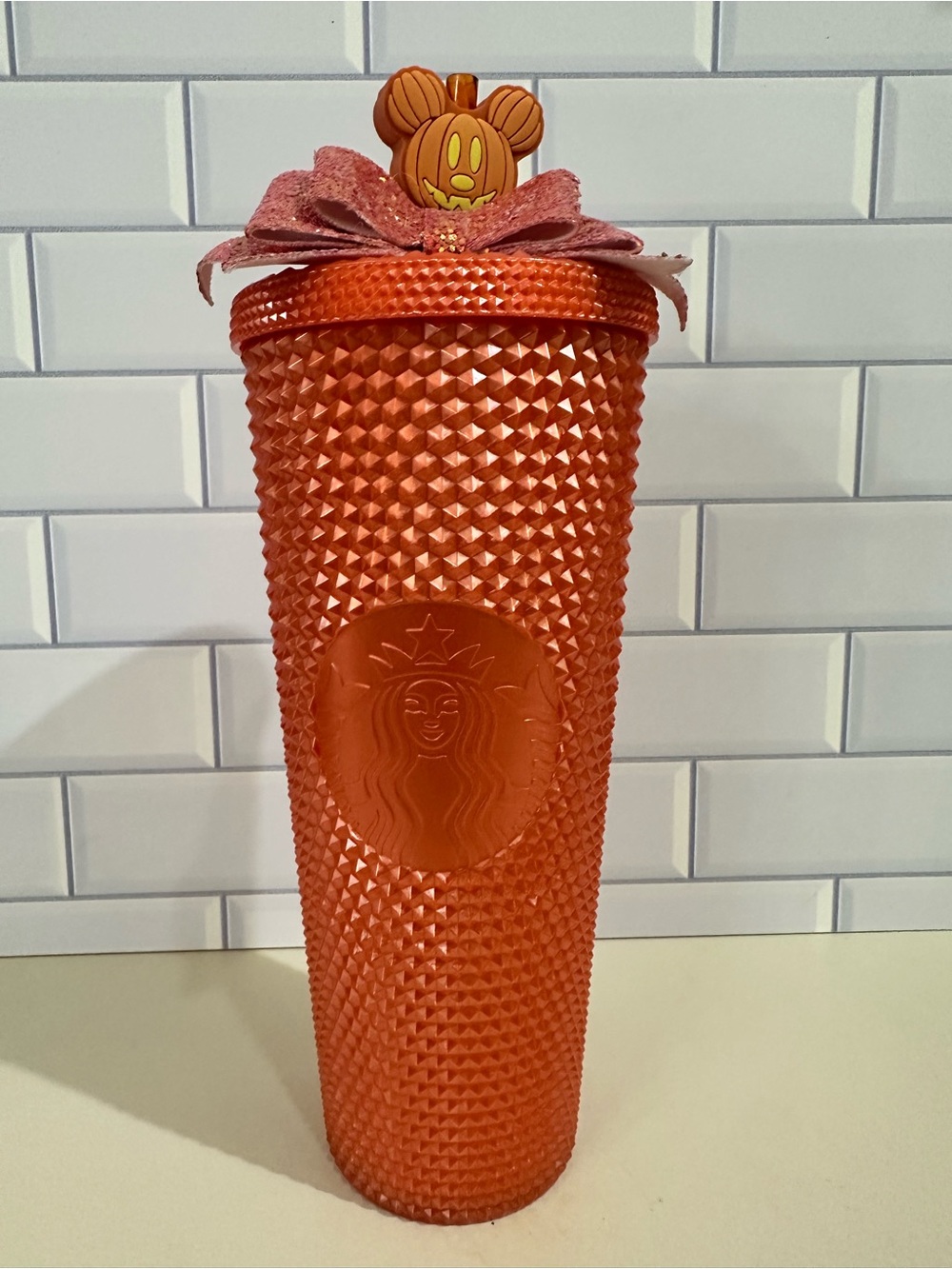 Starbucks Orange Studded Tumbler with Pumpkin Mickey Lid Accent